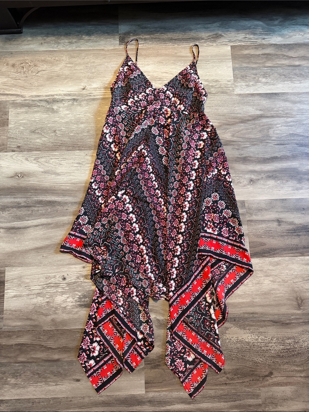 Express Floral High-Low Handkerchief Hem Dress in Black and Red
